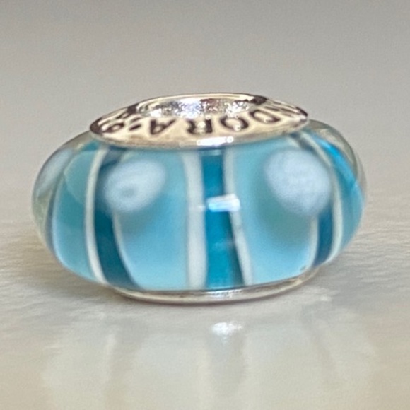 PANDORA Silver 925 ALE Murano Glass Screw Core Blue Stripes With White Dots Bead - Picture 7 of 8